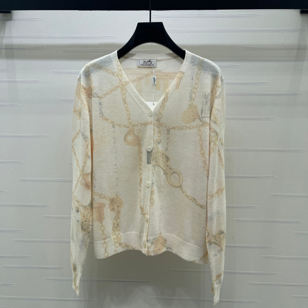 Hermes 2026 Printed V-neck Knit Long-Sleeve Cardigan Cream Wool 661988