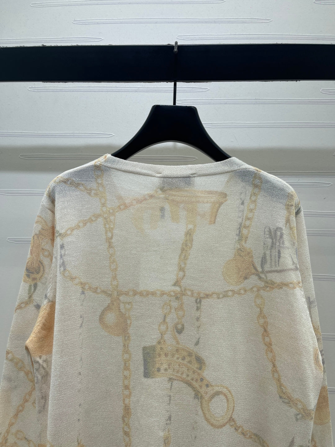 Hermes 2026 Printed V-neck Knit Long-Sleeve Cardigan Cream Wool 661988