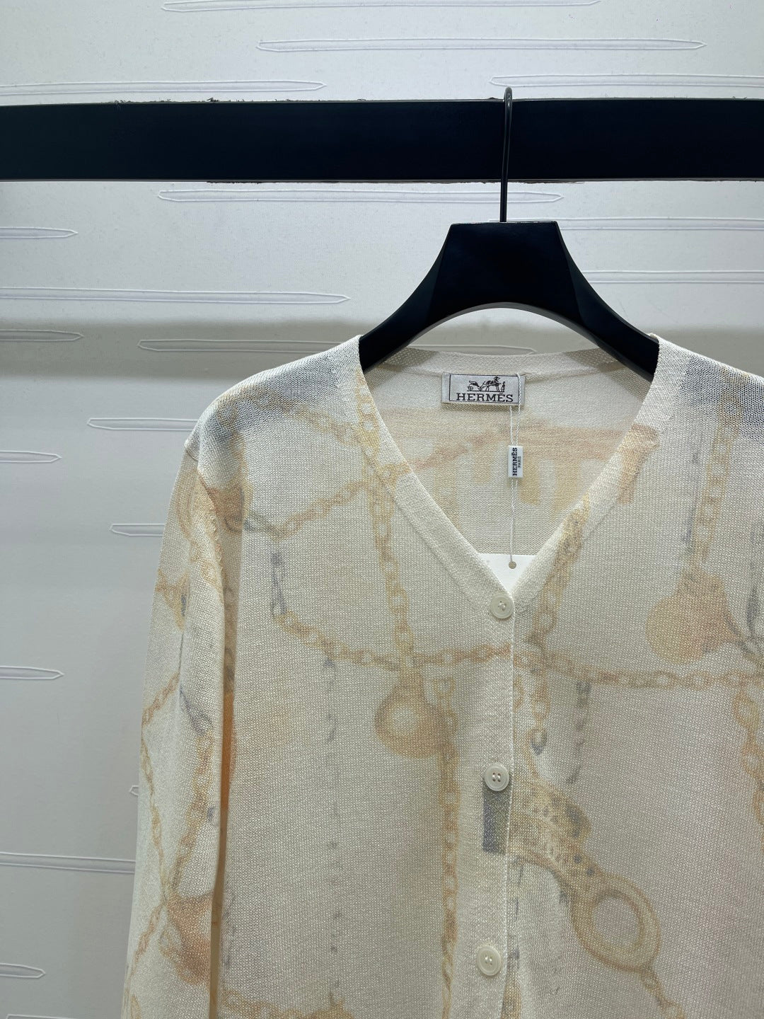 Hermes 2026 Printed V-neck Knit Long-Sleeve Cardigan Cream Wool 661988