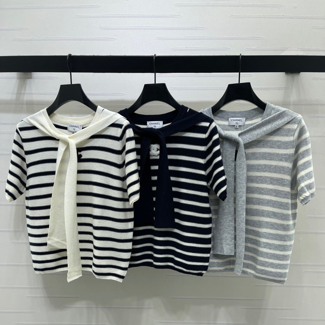Chanel 2026 Shawl-Style Striped Knit Short-Sleeve Top Viscose 677747
