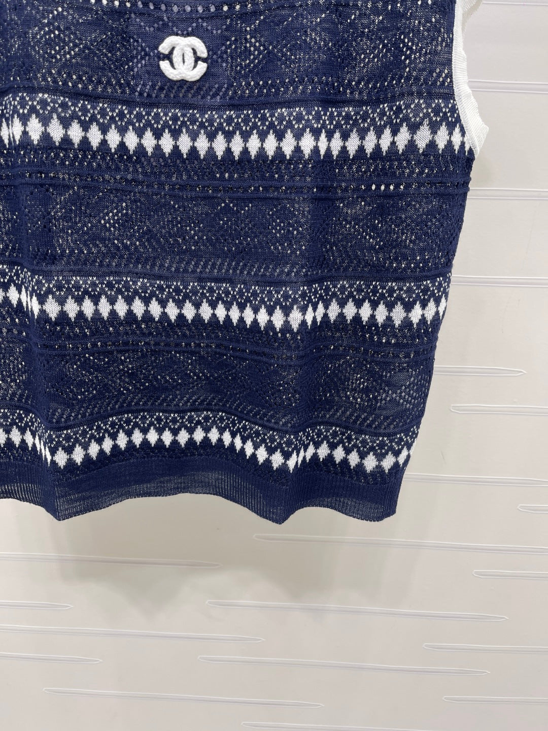 Chanel 2026 Hollow-out Striped Knit Vest Navy Blue Viscose 677769