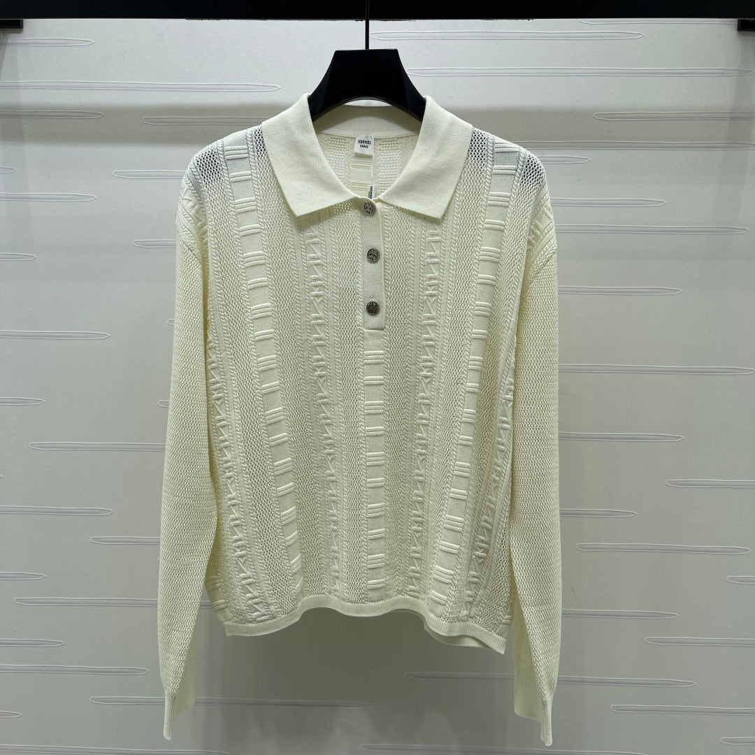 Hermes 2026 Collared Knit Long-Sleeve Top Cream Tencel Cotton 413333
