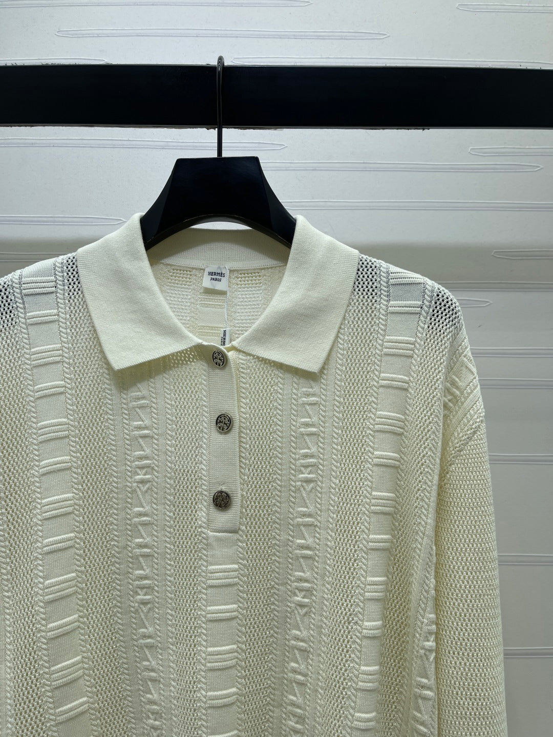 Hermes 2026 Collared Knit Long-Sleeve Top Cream Tencel Cotton 413333