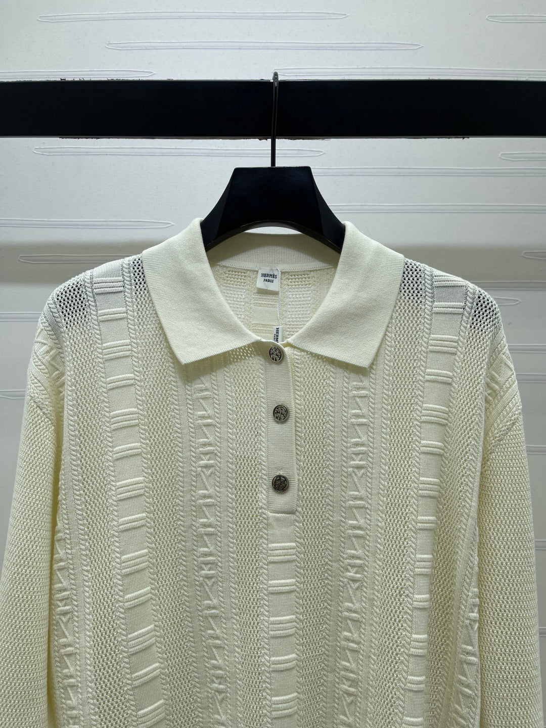 Hermes 2026 Collared Knit Long-Sleeve Top Cream Tencel Cotton 413333