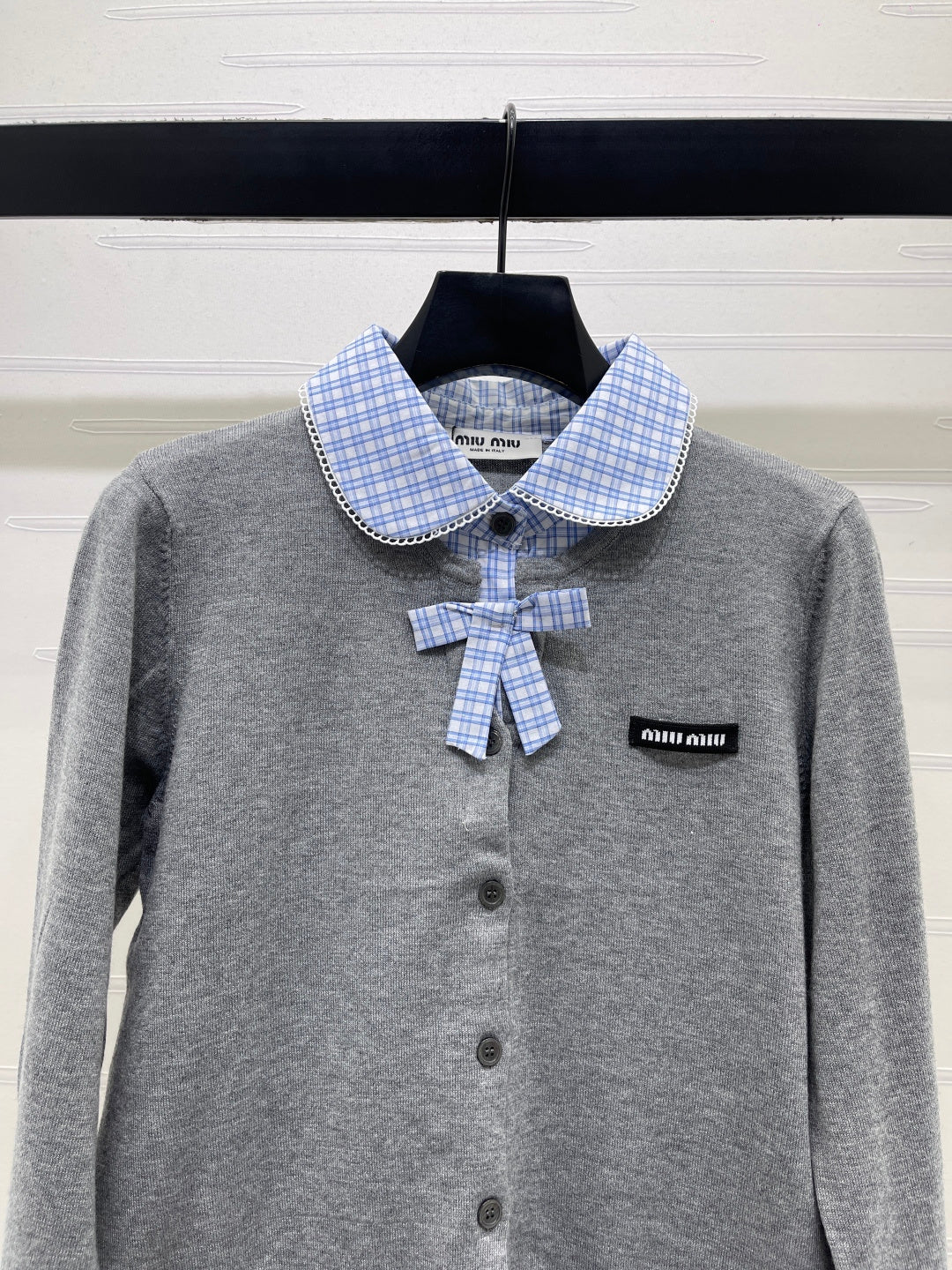 Miumiu 2026 Two-piece Plaid Knit Cardigan Grey Blue Wool 415917