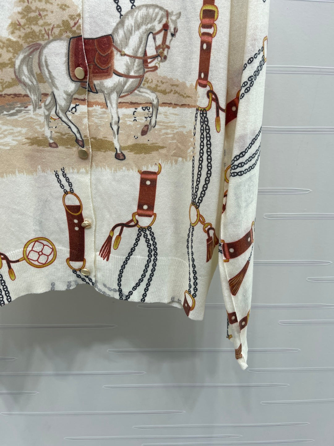 Hermes 2026 V-neck Printed Long-sleeved Cardigan Cream mix Colors Wool 417073