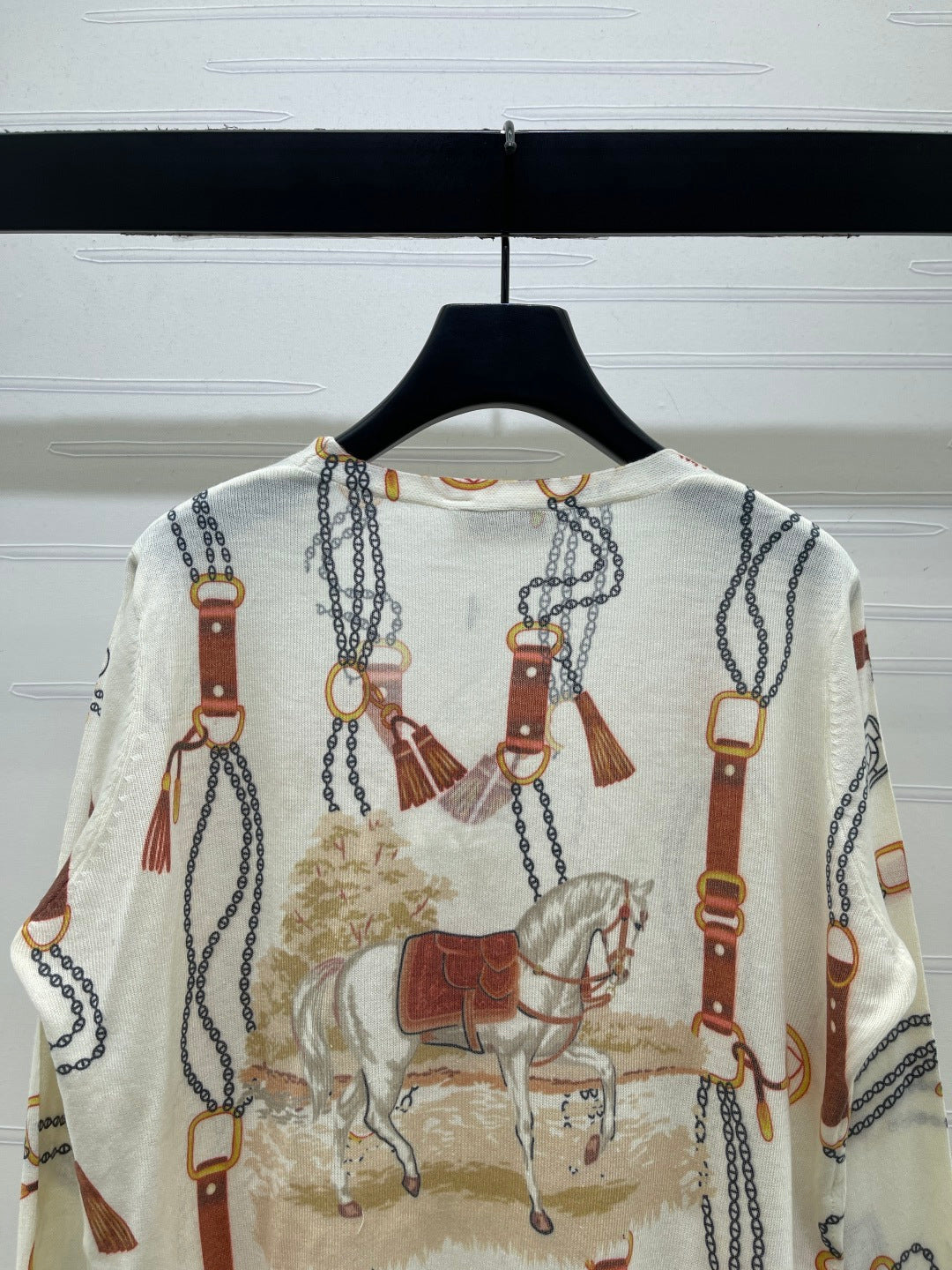 Hermes 2026 V-neck Printed Long-sleeved Cardigan Cream mix Colors Wool 417073