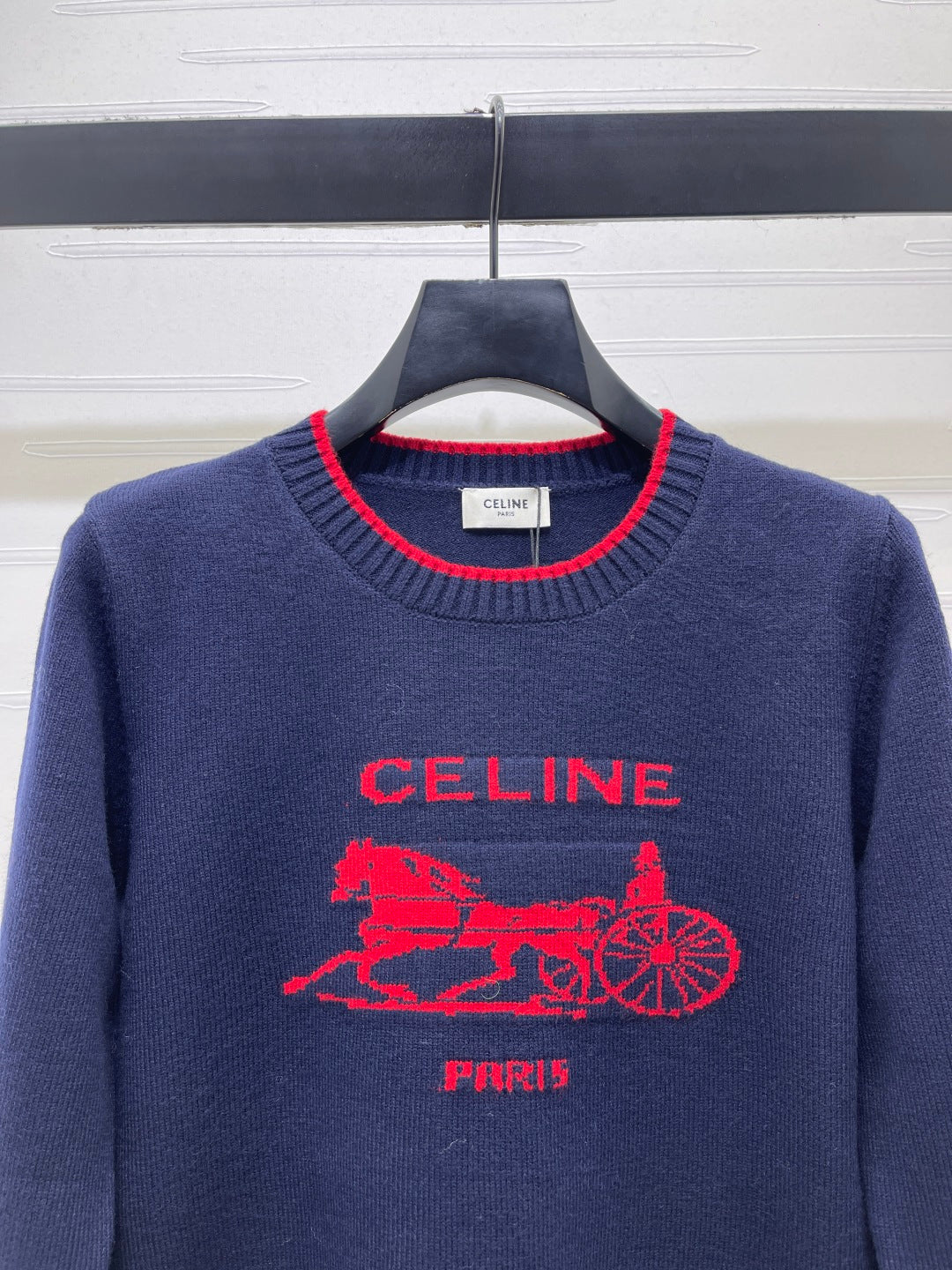 Celine 2026 Knit Long-sleeved Sweater Navy Blue Mix Red Wool 433251