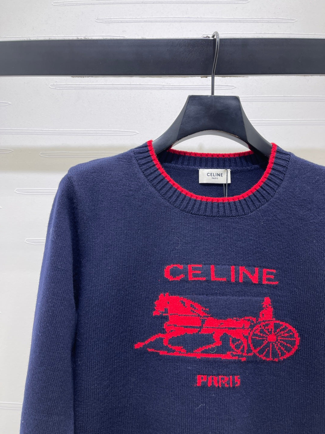 Celine 2026 Knit Long-sleeved Sweater Navy Blue Mix Red Wool 433251