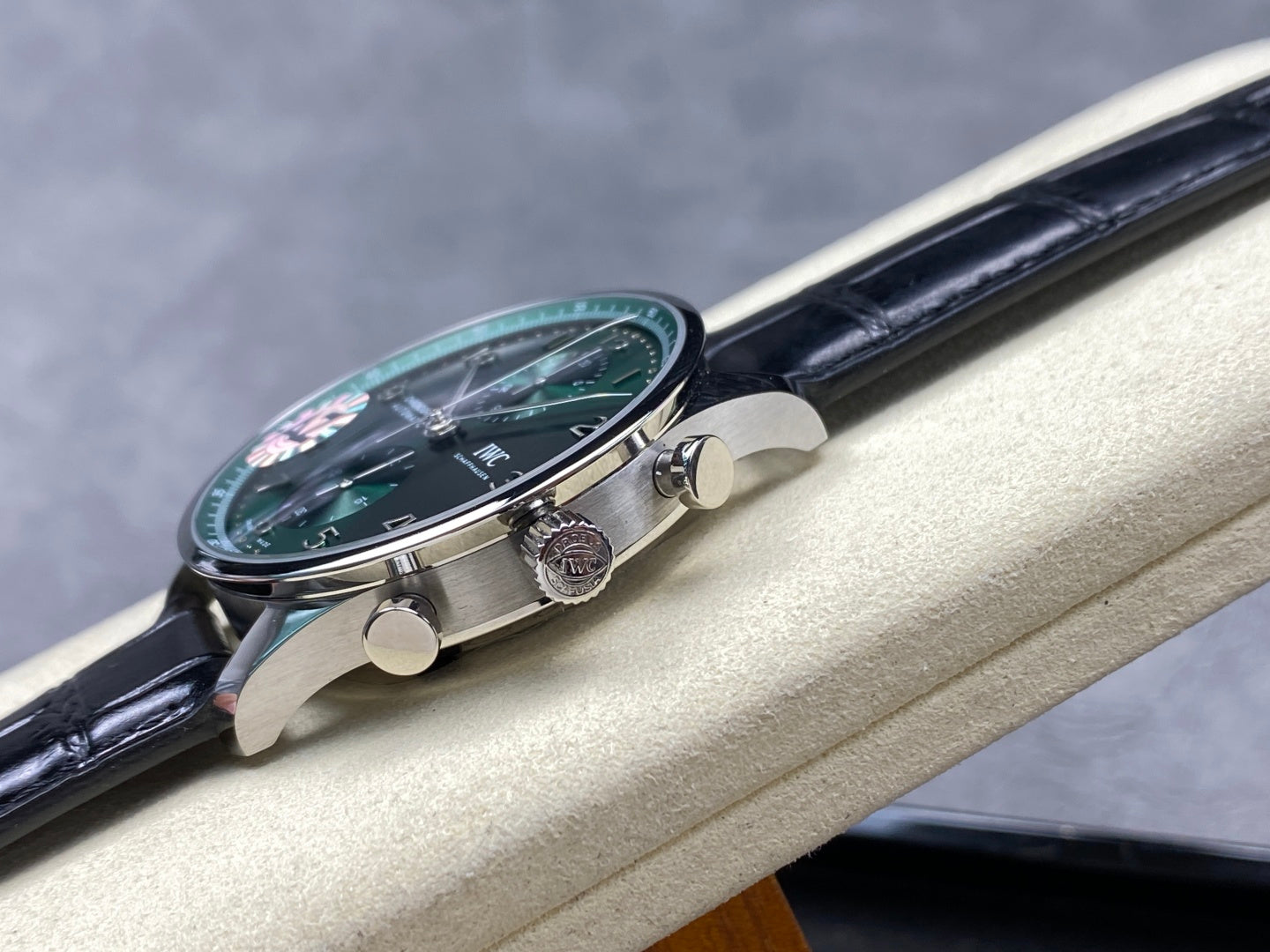 IWC Portuguese 41mm Green Dial Steel Case Black Leather