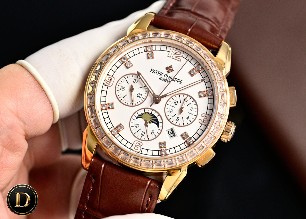 Patek Philippe Annual Calendar 42mm Diamond Benzel Rose Gold Case Brown Leather Strap