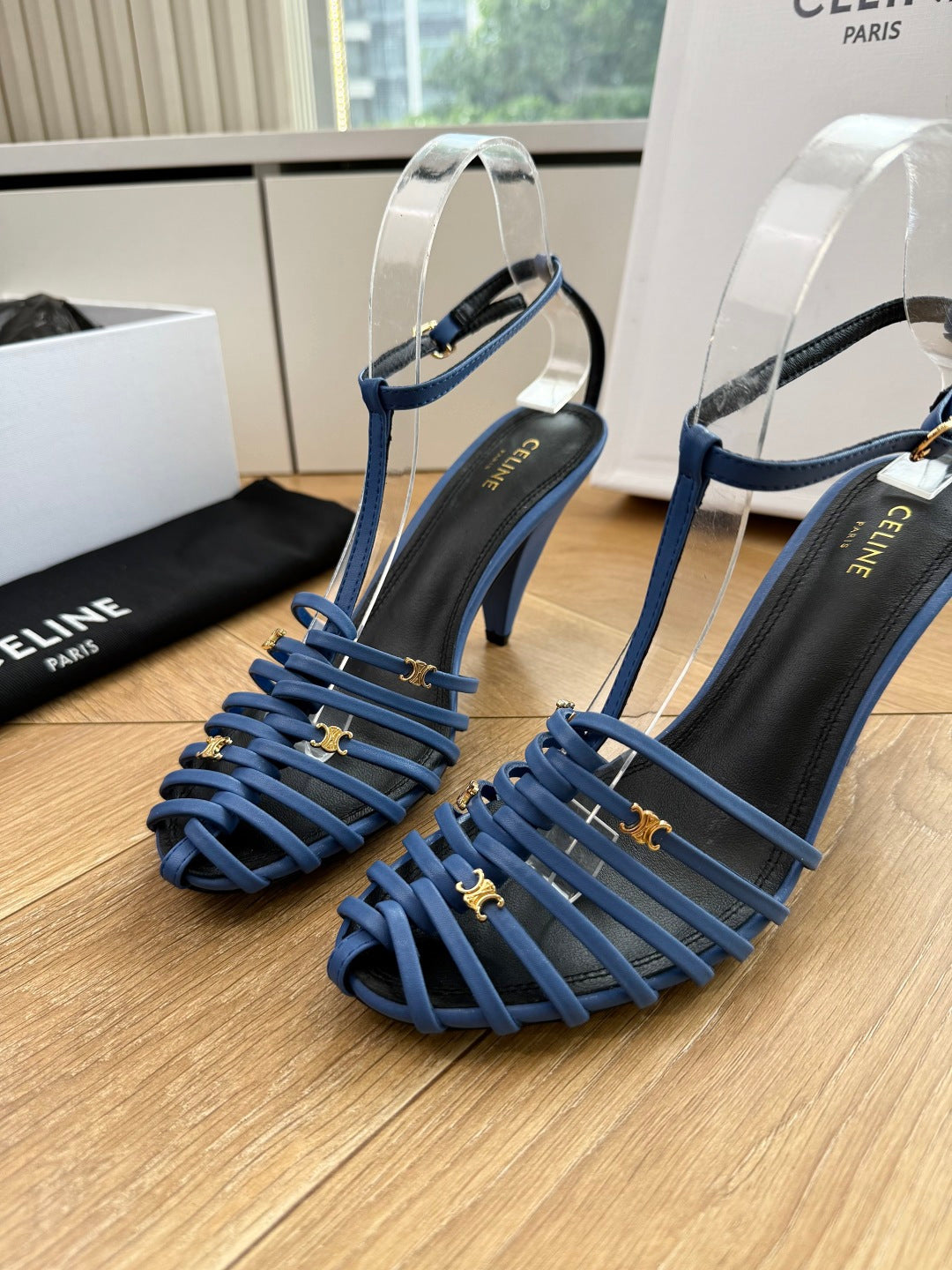 Celine 2026 Cage Heeled Sandals 90mm Blue Leather 995606