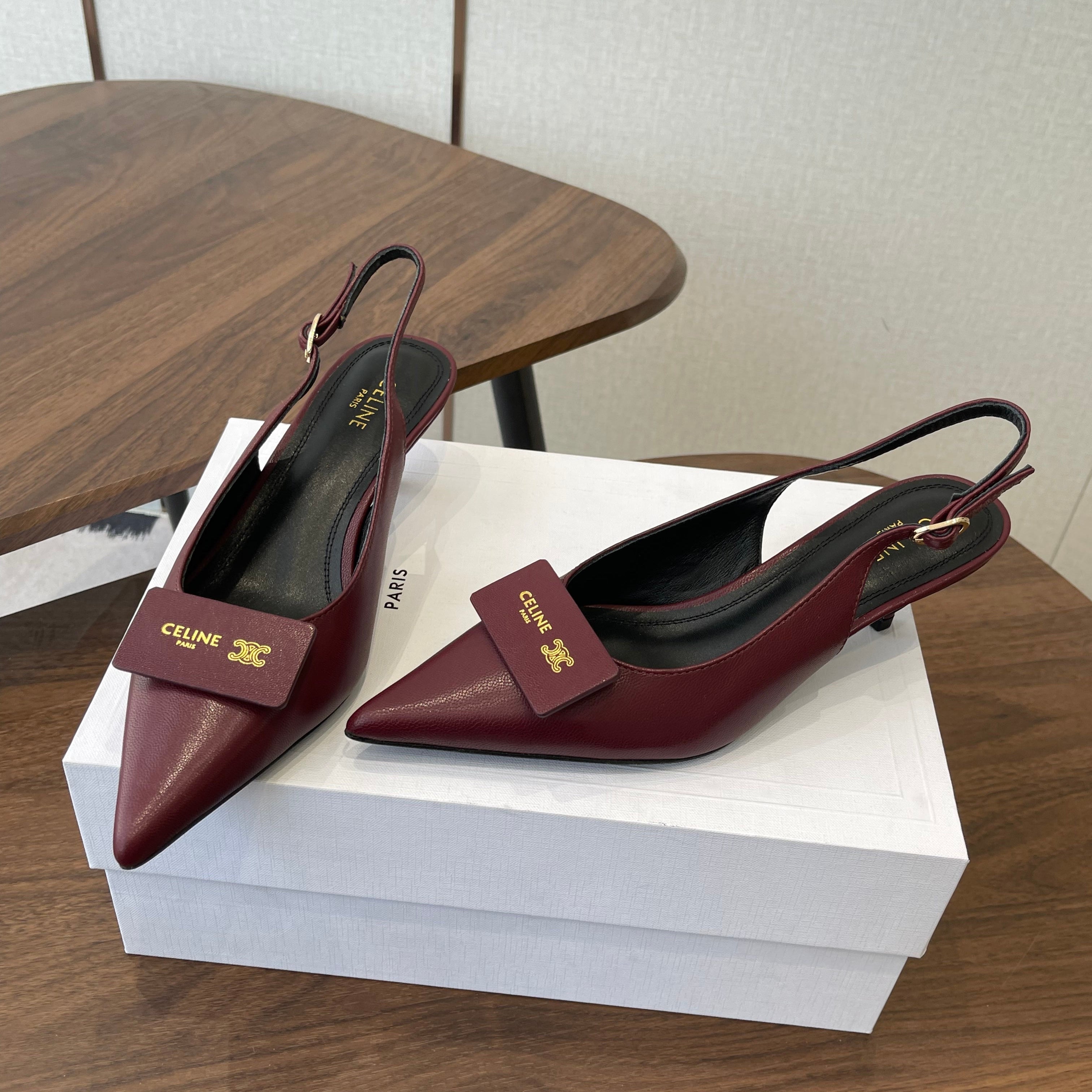Celine 26  Pointed-Toe Slingback Burgundy Sheepskin 624683