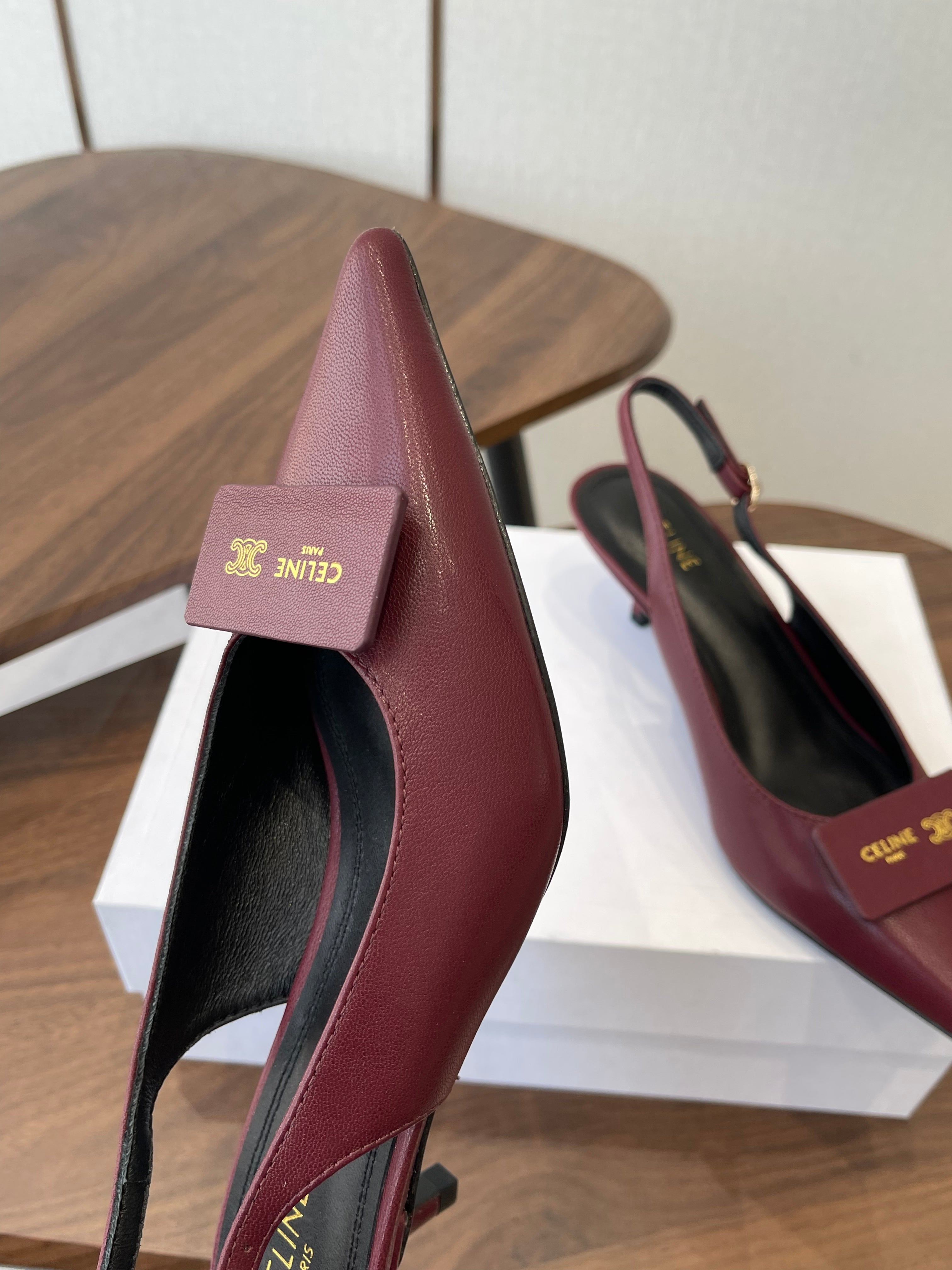 Celine 26  Pointed-Toe Slingback Burgundy Sheepskin 624683