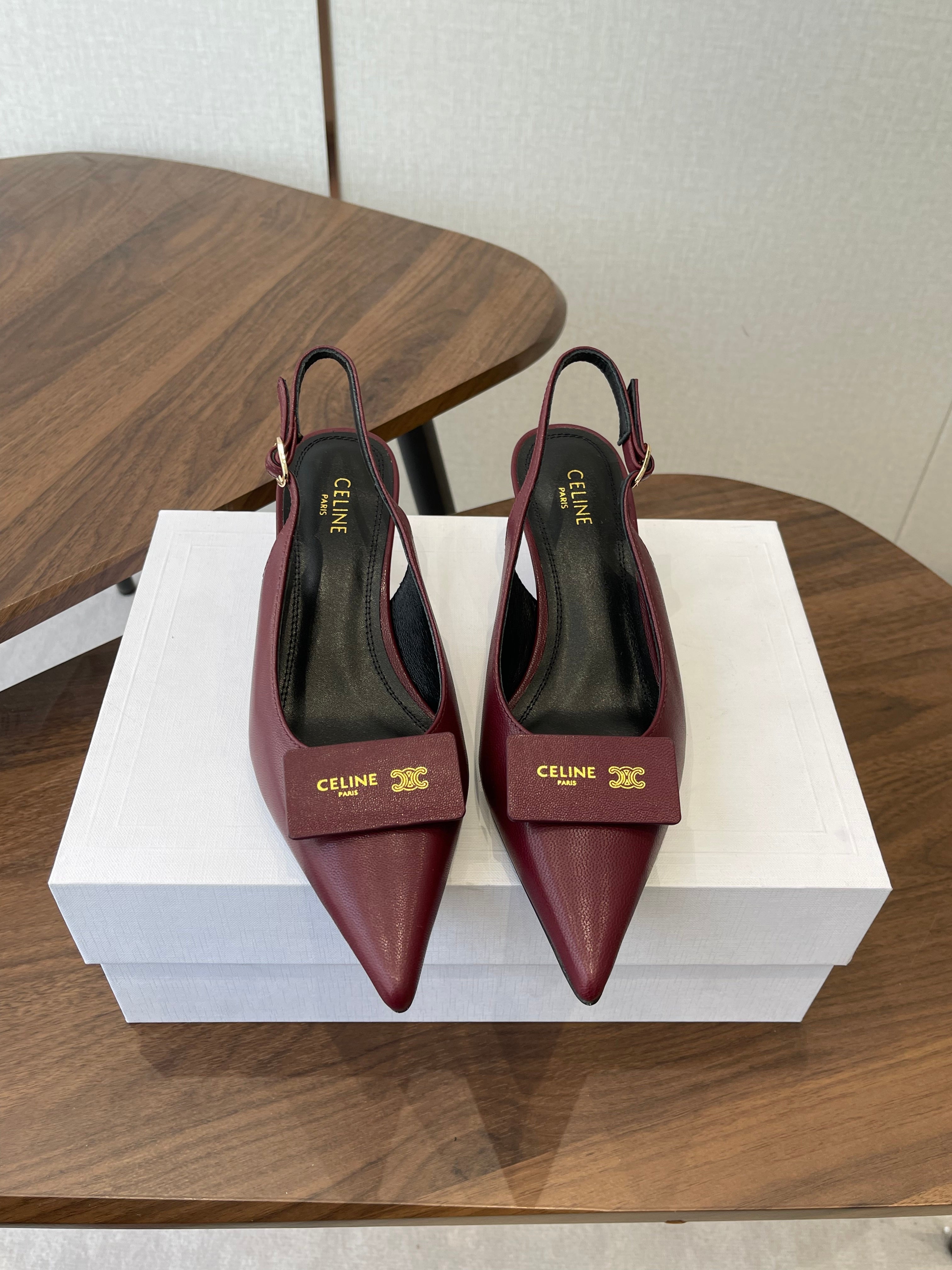 Celine 26  Pointed-Toe Slingback Burgundy Sheepskin 624683