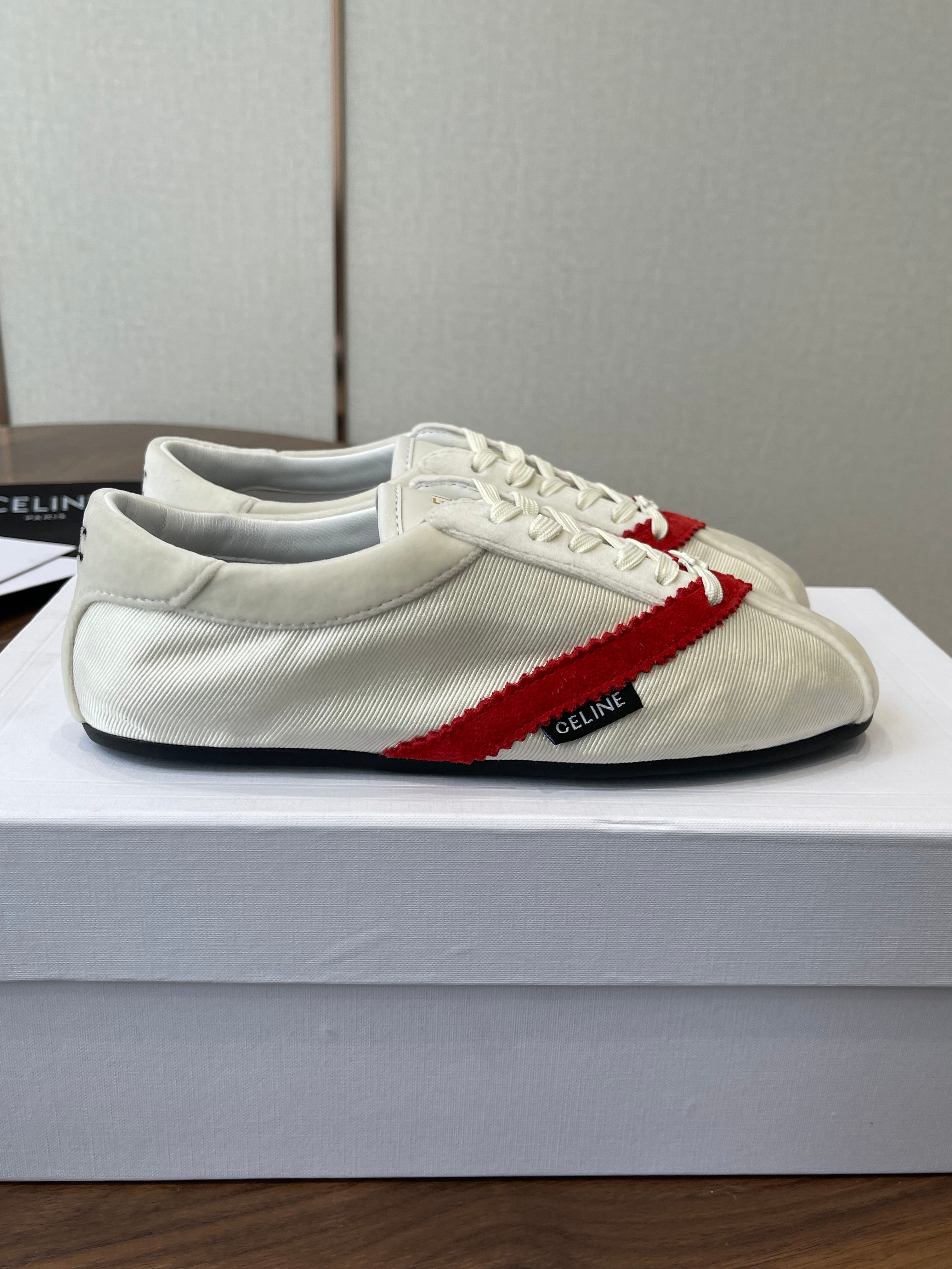 Celine 26 Flat Sneaker White Red Canvas Suede 624716
