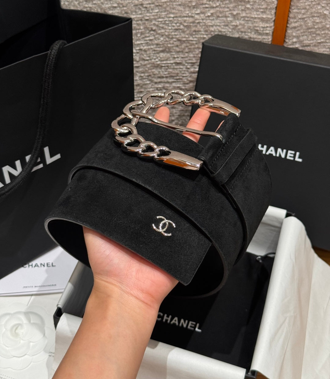 Chanel 2026 Wide Chain Buckle Belt 60mm Suede 207183