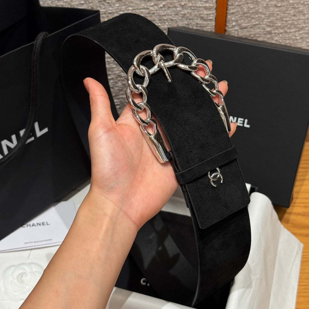 Chanel 2026 Wide Chain Buckle Belt 60mm Suede 207183