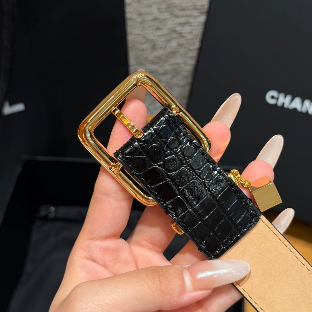 Chanel 2026 Crocodile-Embossed CC Charm Belt 30mm Calfskin 209291
