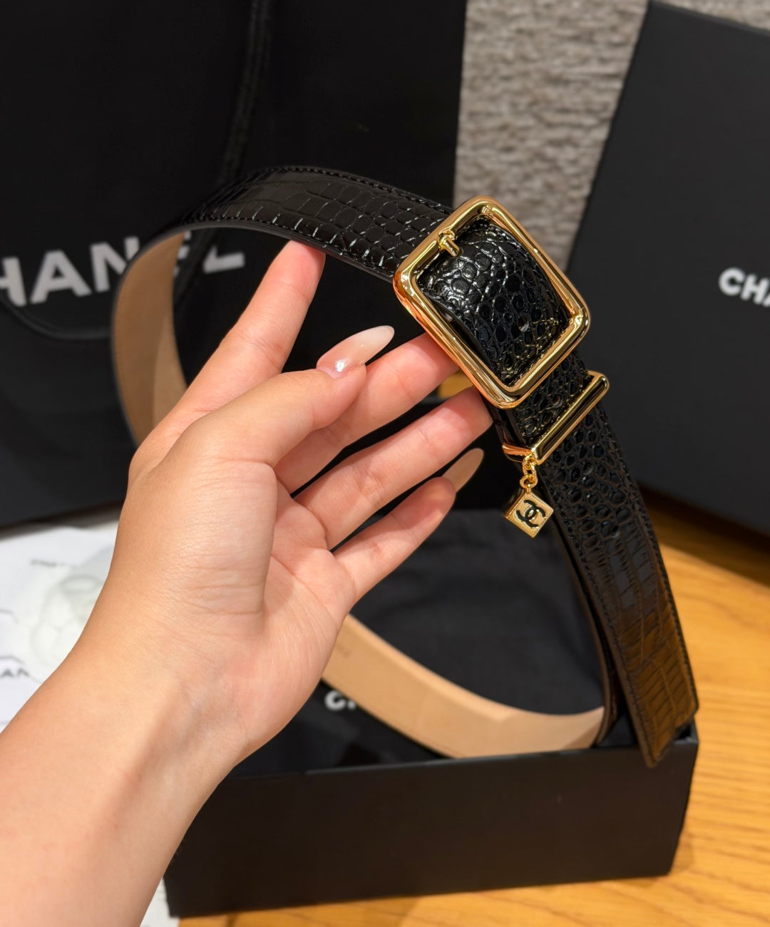 Chanel 2026 Crocodile-Embossed CC Charm Belt 30mm Calfskin 209291