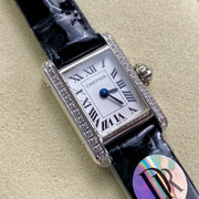 Cartier Tank 24mm White Dial Sliver Case Diamond Bezel Leather