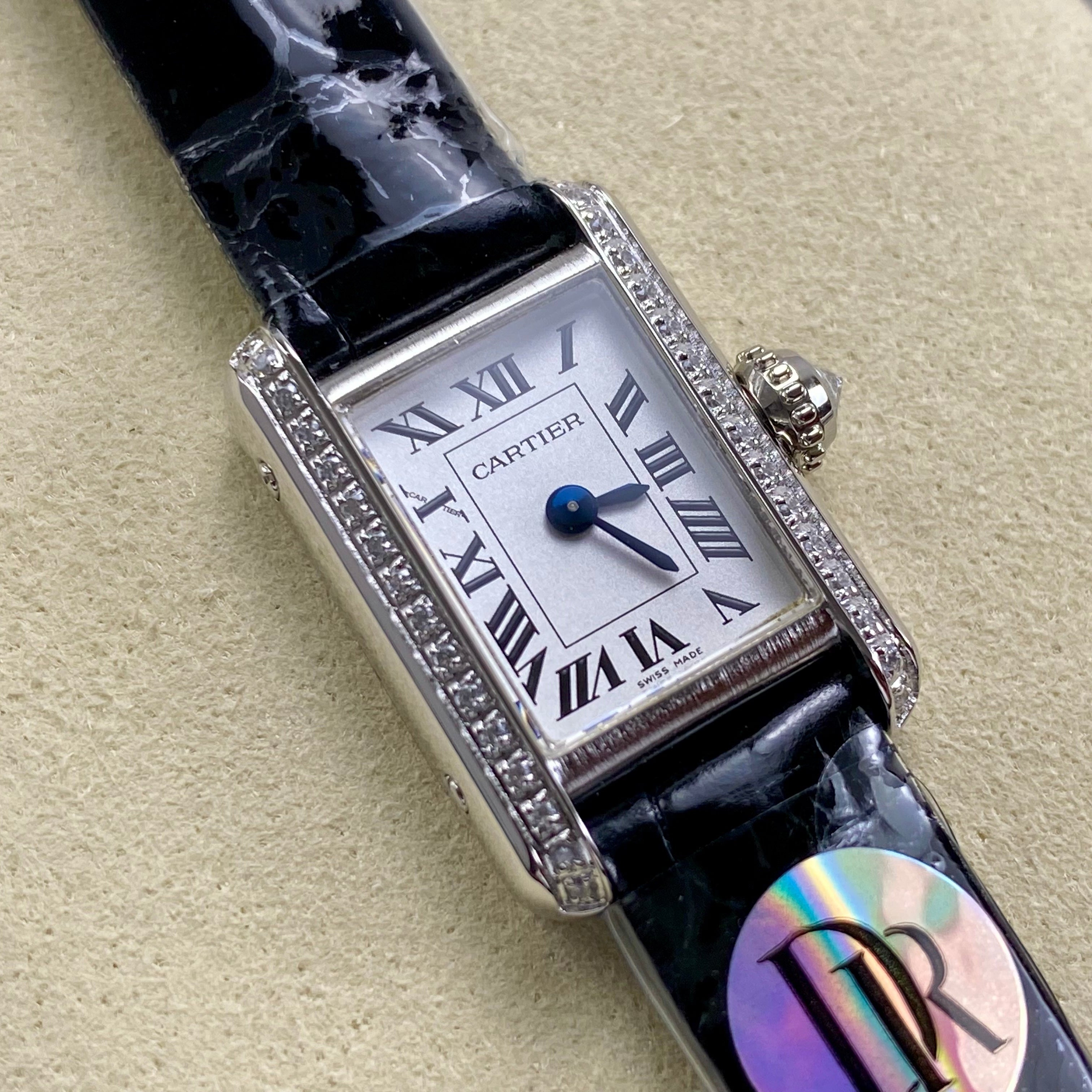Cartier Tank 24mm White Dial Sliver Case Diamond Bezel Crocodile Leather