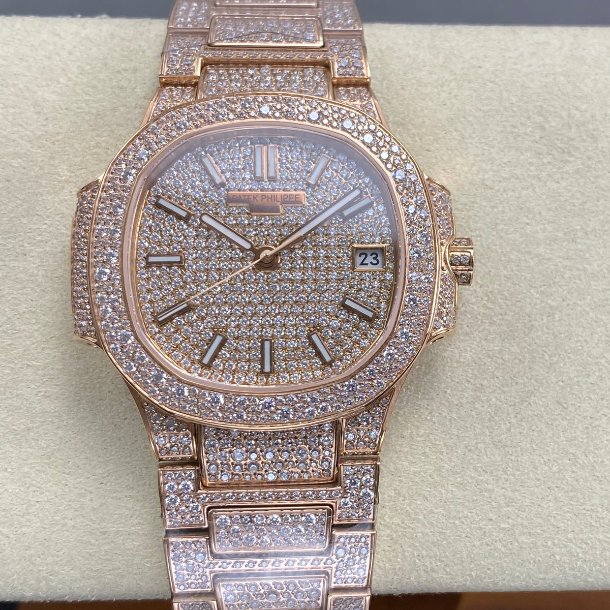Patek Philippe Nautilus 35mm Diamond Dial Pink Gold Full Diamond