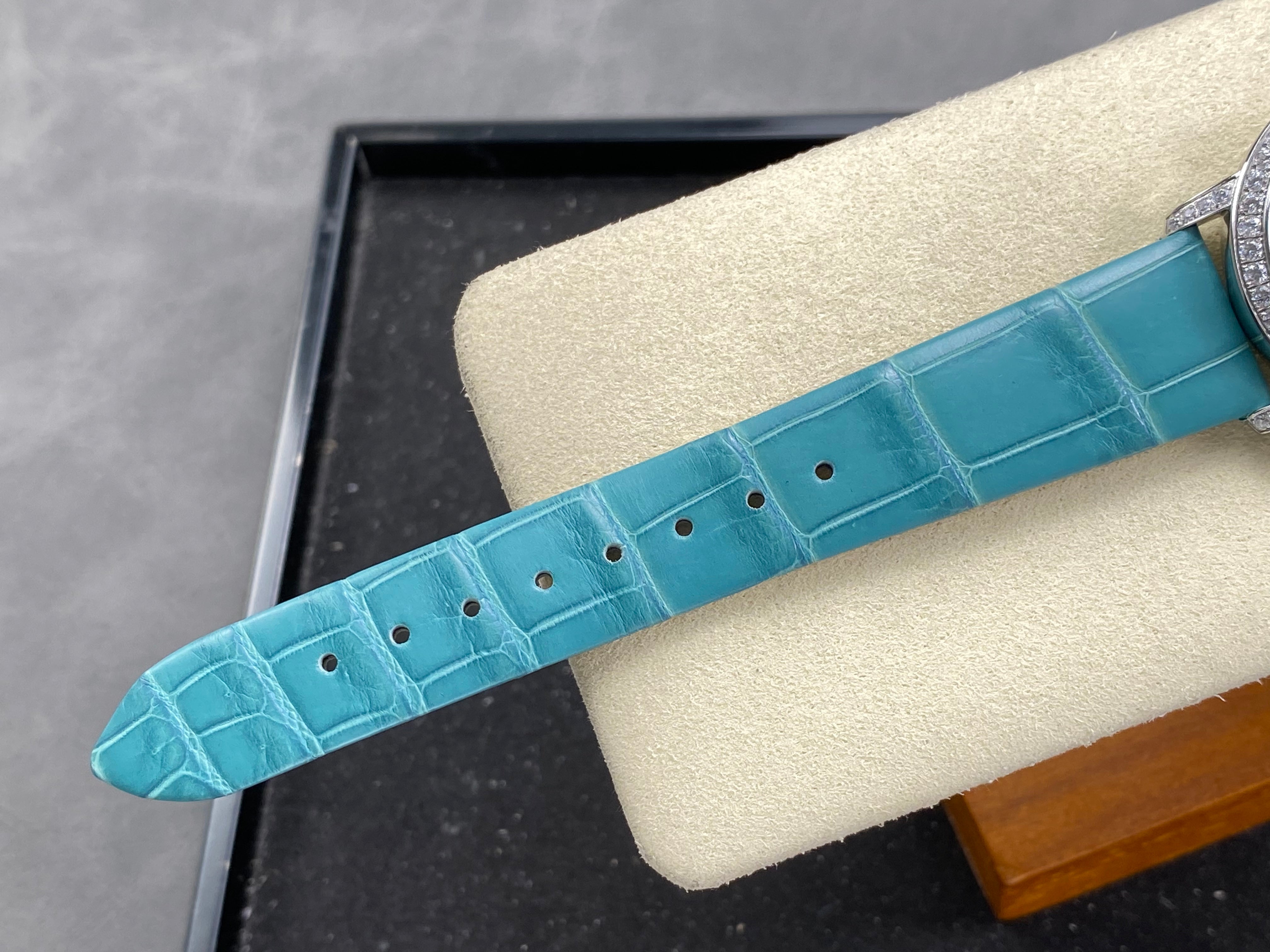 Blancpain's Ladybird 35mm White Blue Dial Diamond Bezel Leather