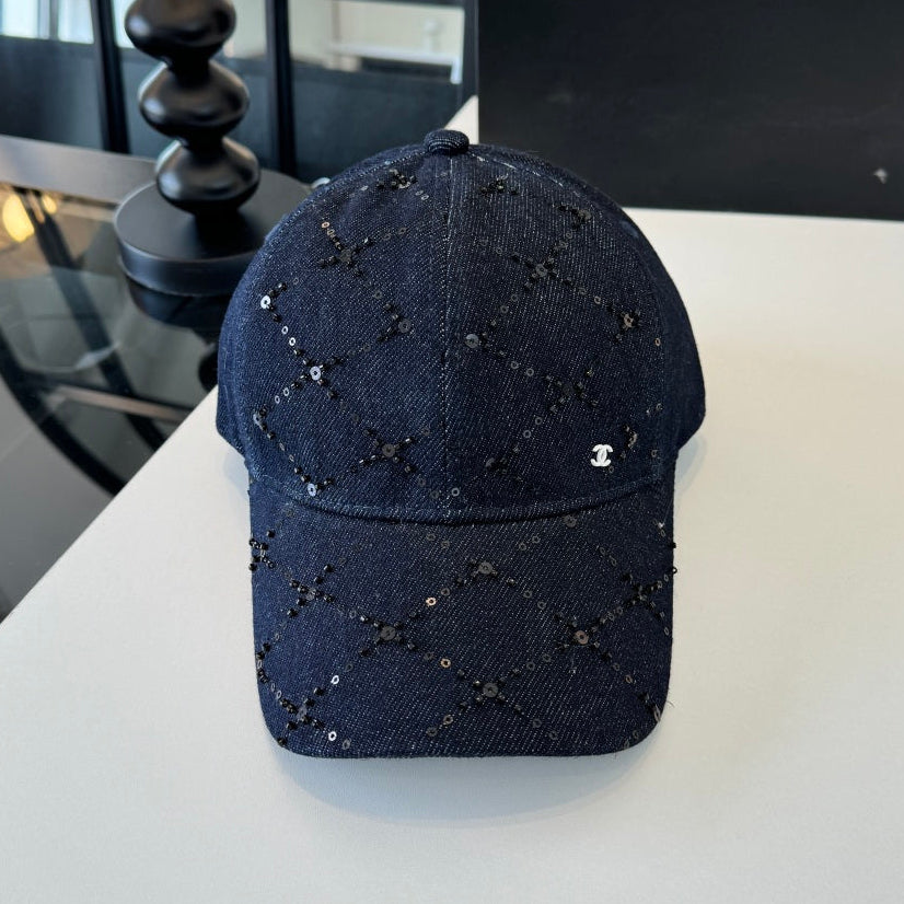 Chanel Baseball Cap With Decorative Embellishments Blue Denim Cotton 237288