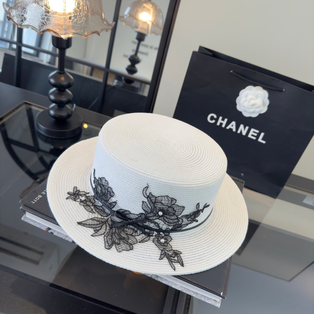 Chanel Flat-top White Black Straw Hat 269024