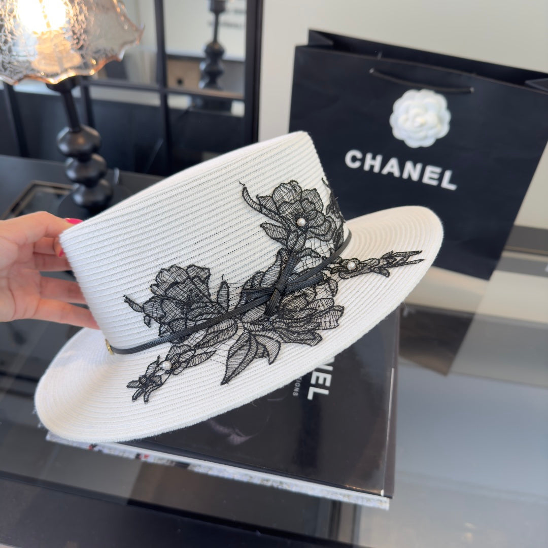 Chanel Flat-top White Black Straw Hat 269024