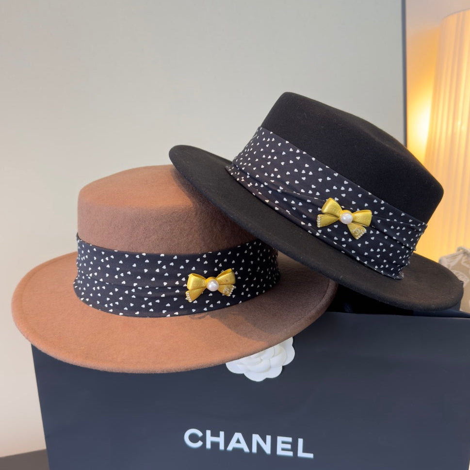 Chanel Polka-Dot Ribbon Cashmere Flat-Top Hat 491493