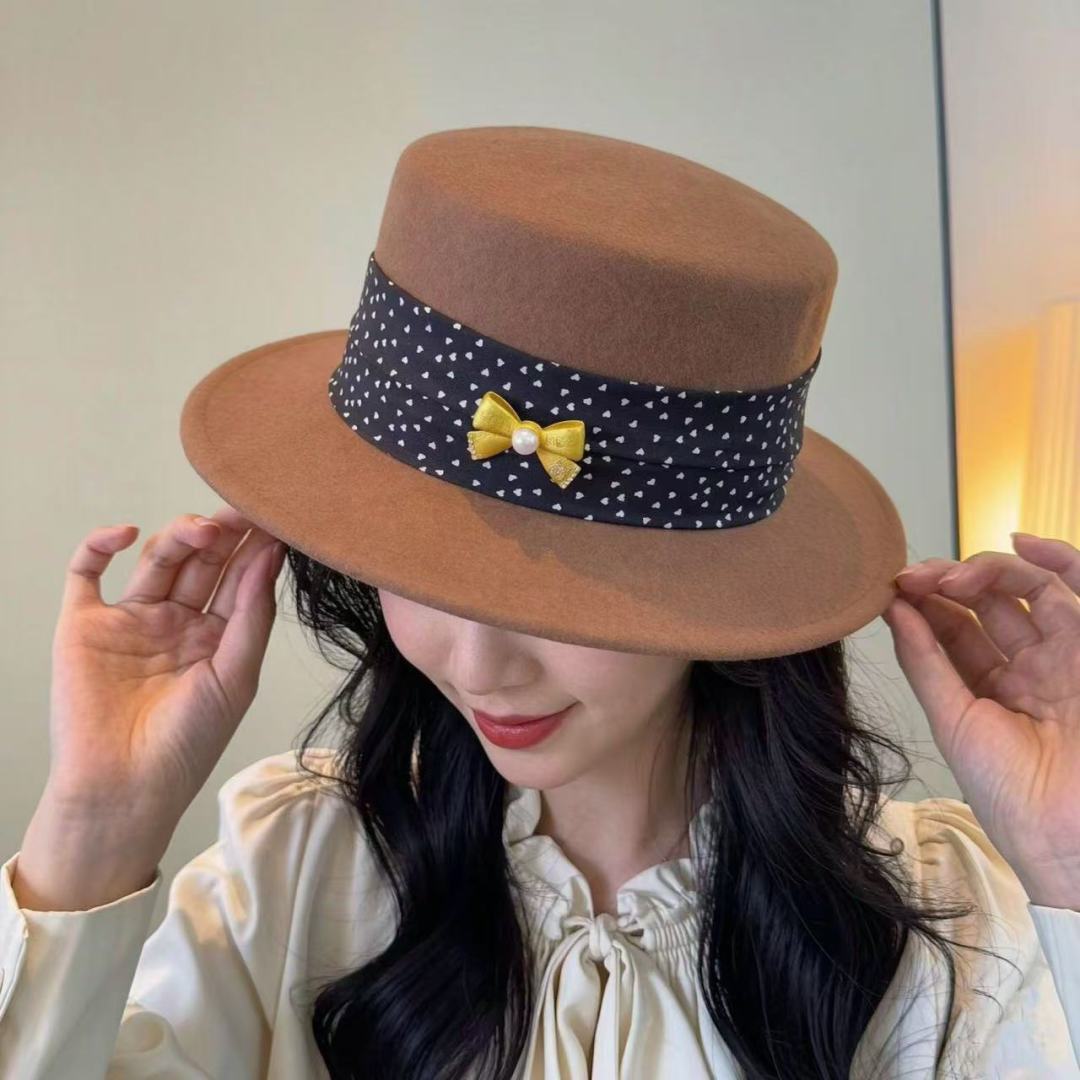 Chanel Polka-Dot Ribbon Cashmere Flat-Top Hat 491493