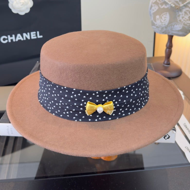 Chanel Polka-Dot Ribbon Cashmere Flat-Top Hat 491493