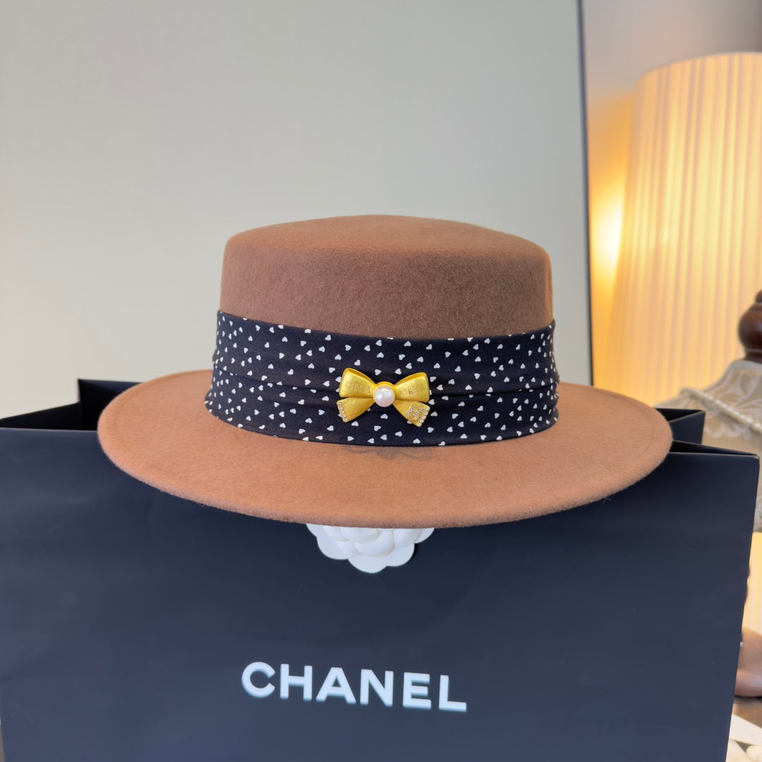 Chanel Polka-Dot Ribbon Cashmere Flat-Top Hat 491493