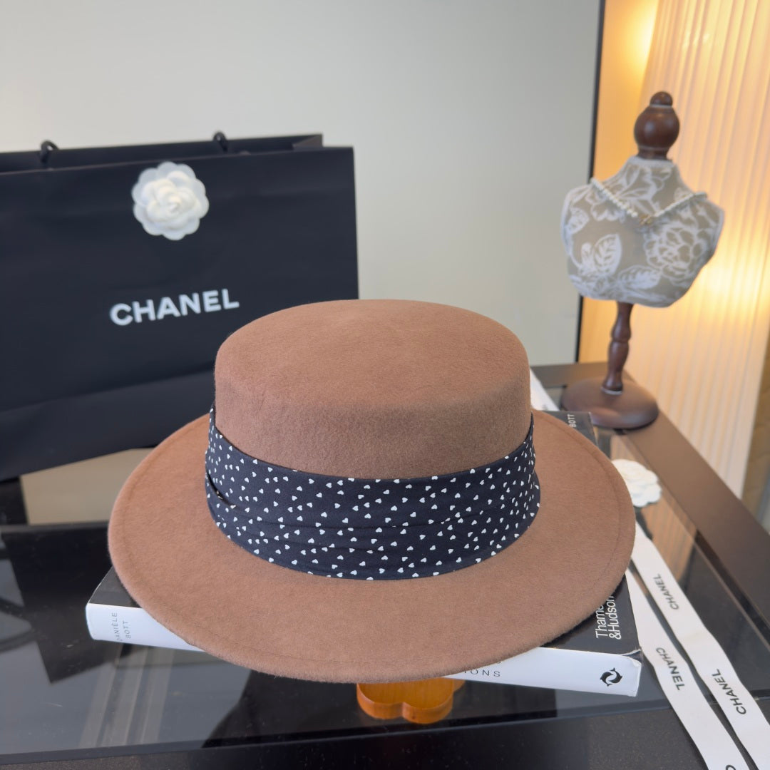 Chanel Polka-Dot Ribbon Cashmere Flat-Top Hat 491493