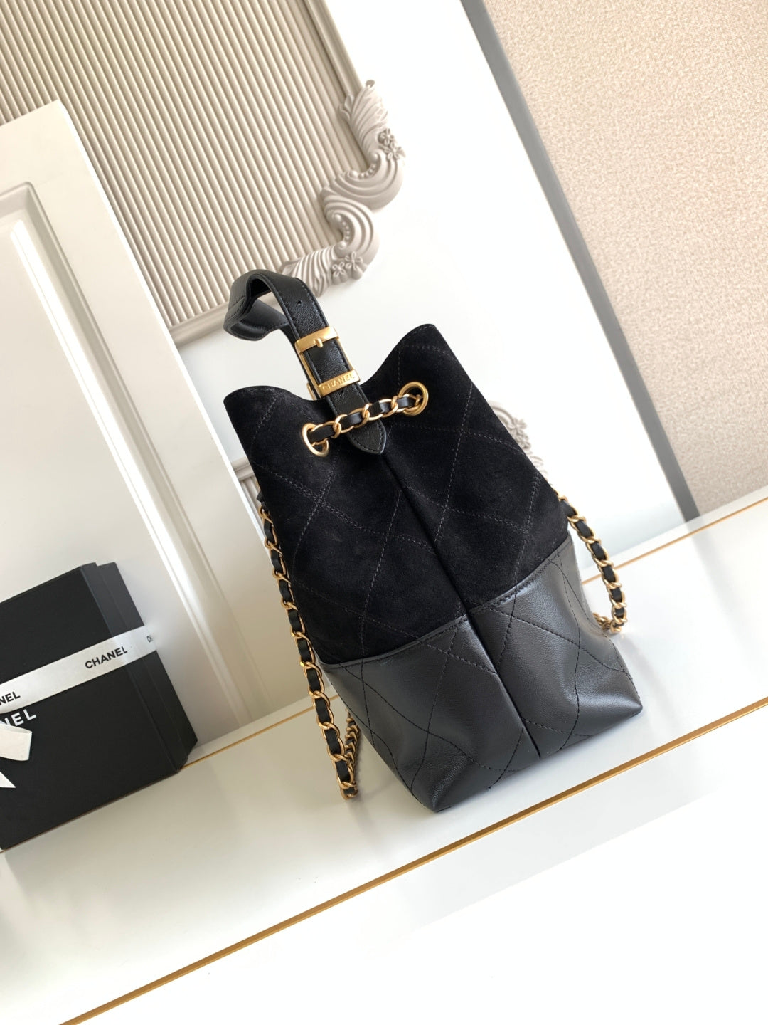 Chanel 2026 Stitched Shopping Bag 36cm Black Suede Calfskin 348237