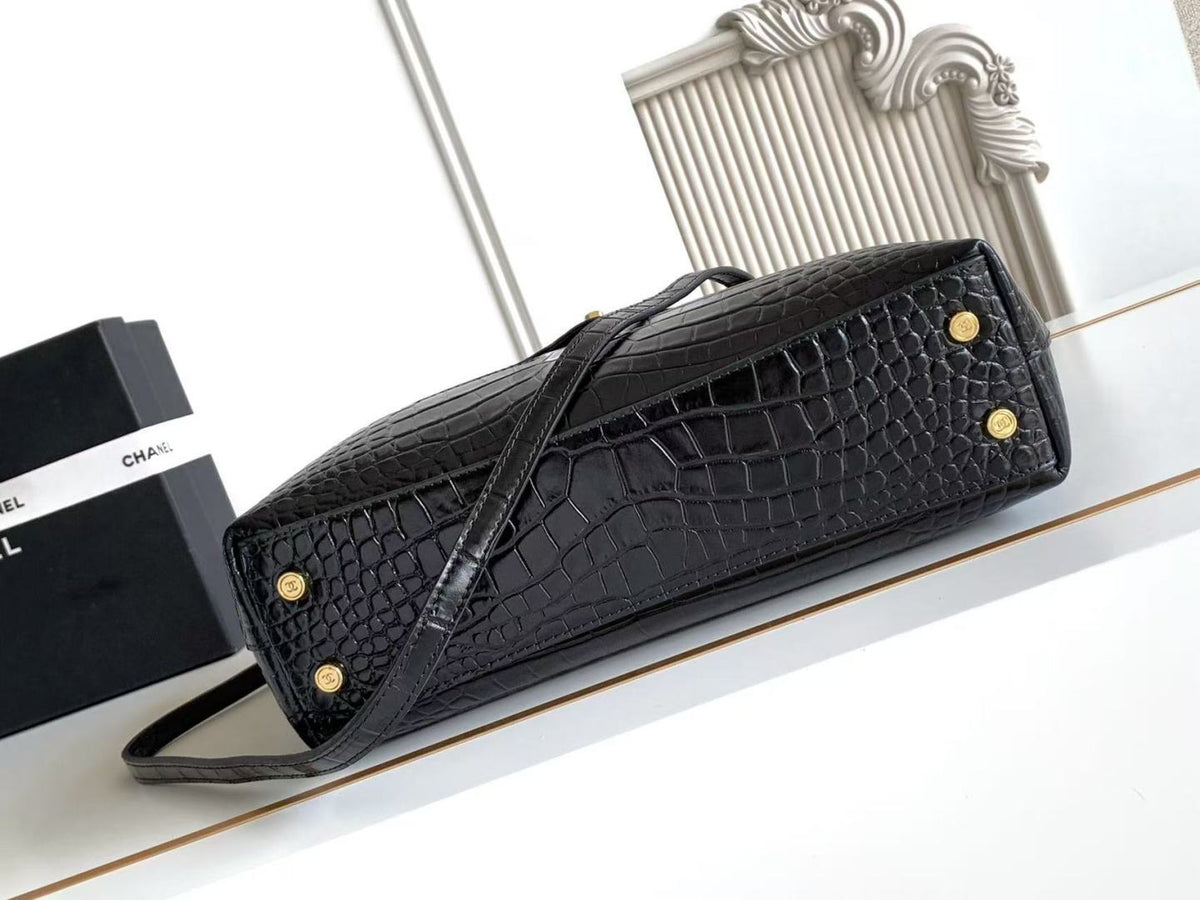 Chanel 2026 Maxi Top Handle Bag 31cm Black Crocodile Embossed Leather