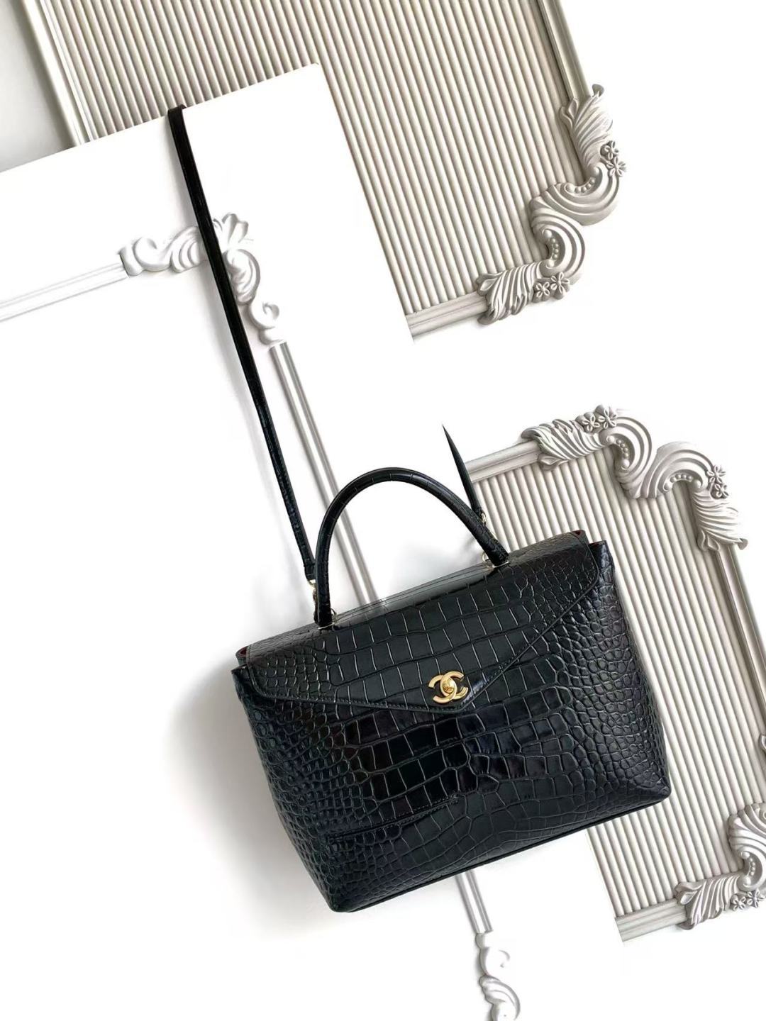 Chanel 2026 Maxi Top Handle Bag 31cm Black Crocodile Embossed Leather