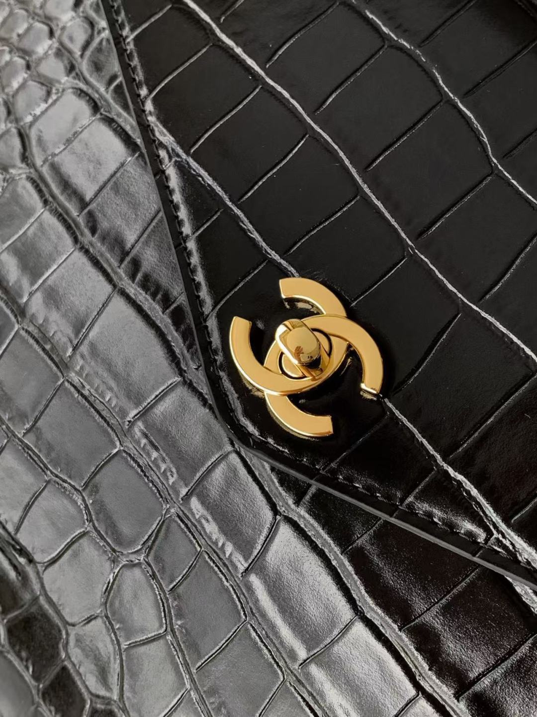 Chanel 2026 Maxi Top Handle Bag 31cm Black Crocodile Embossed Leather