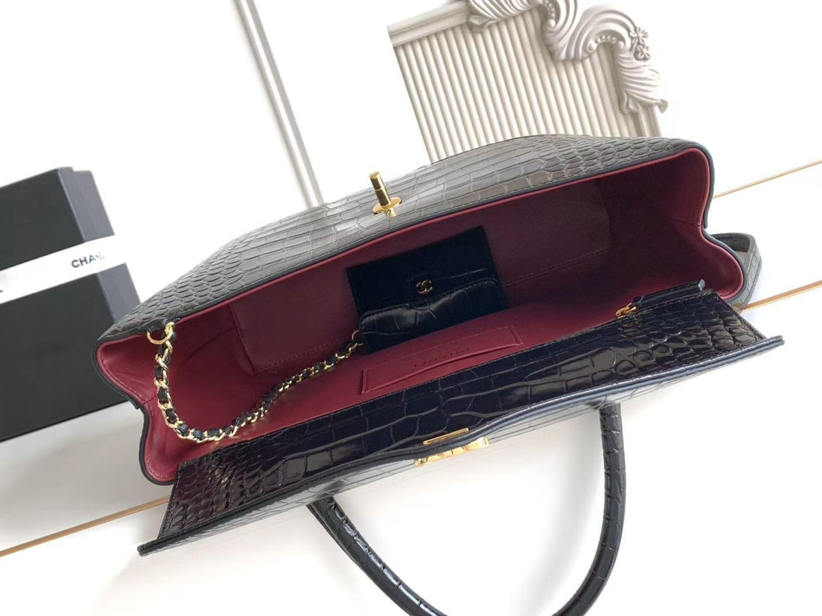Chanel 2026 Maxi Top Handle Bag 31cm Black Crocodile Embossed Leather