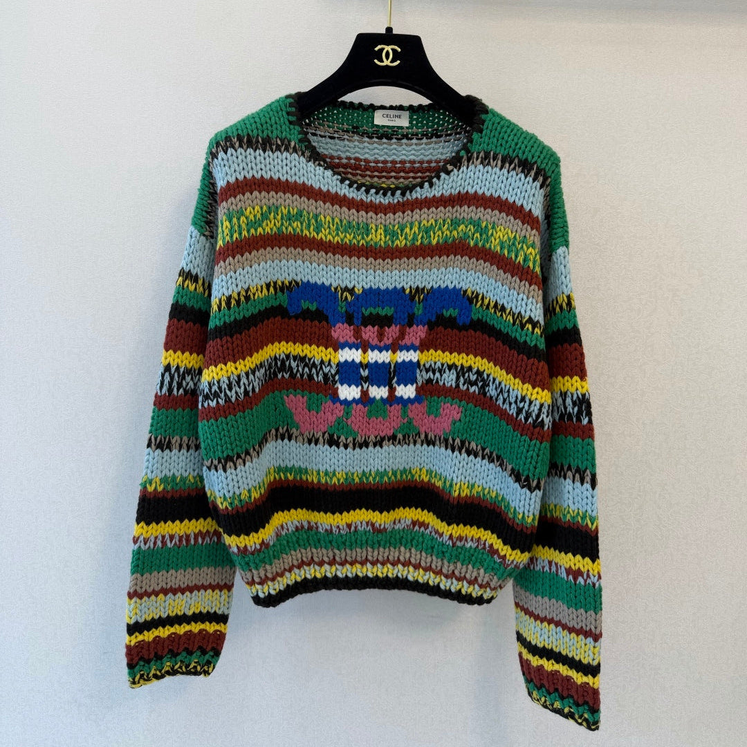 Celine 2026 Cable-knit Crewneck Sweater Green Mix Colors Wool 433559