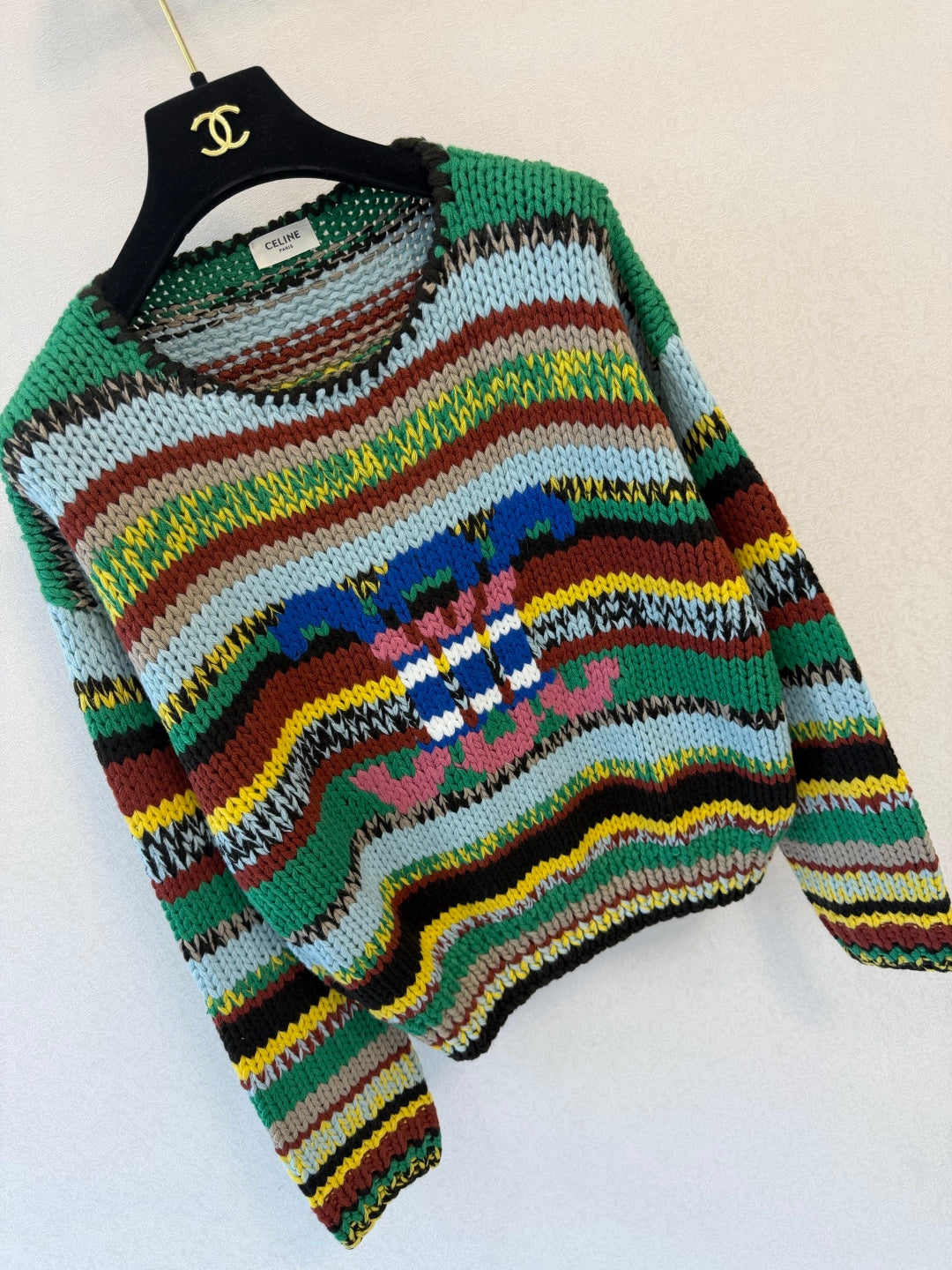 Celine 2026 Cable-knit Crewneck Sweater Green Mix Colors Wool 433559
