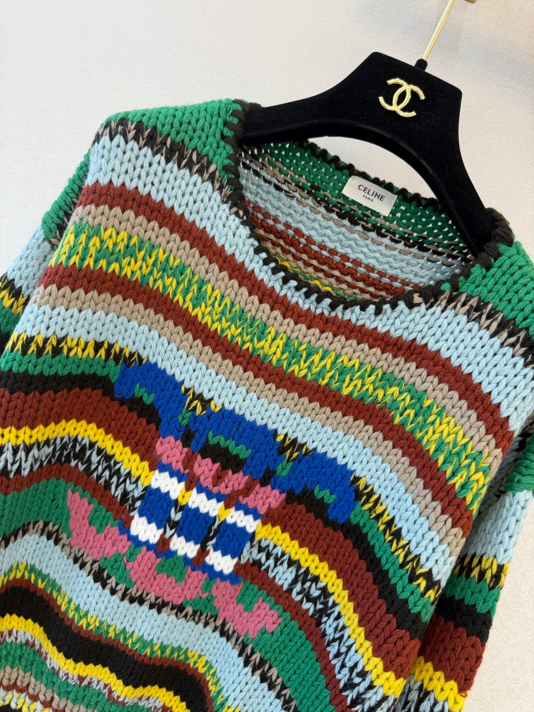 Celine 2026 Cable-knit Crewneck Sweater Green Mix Colors Wool 433559
