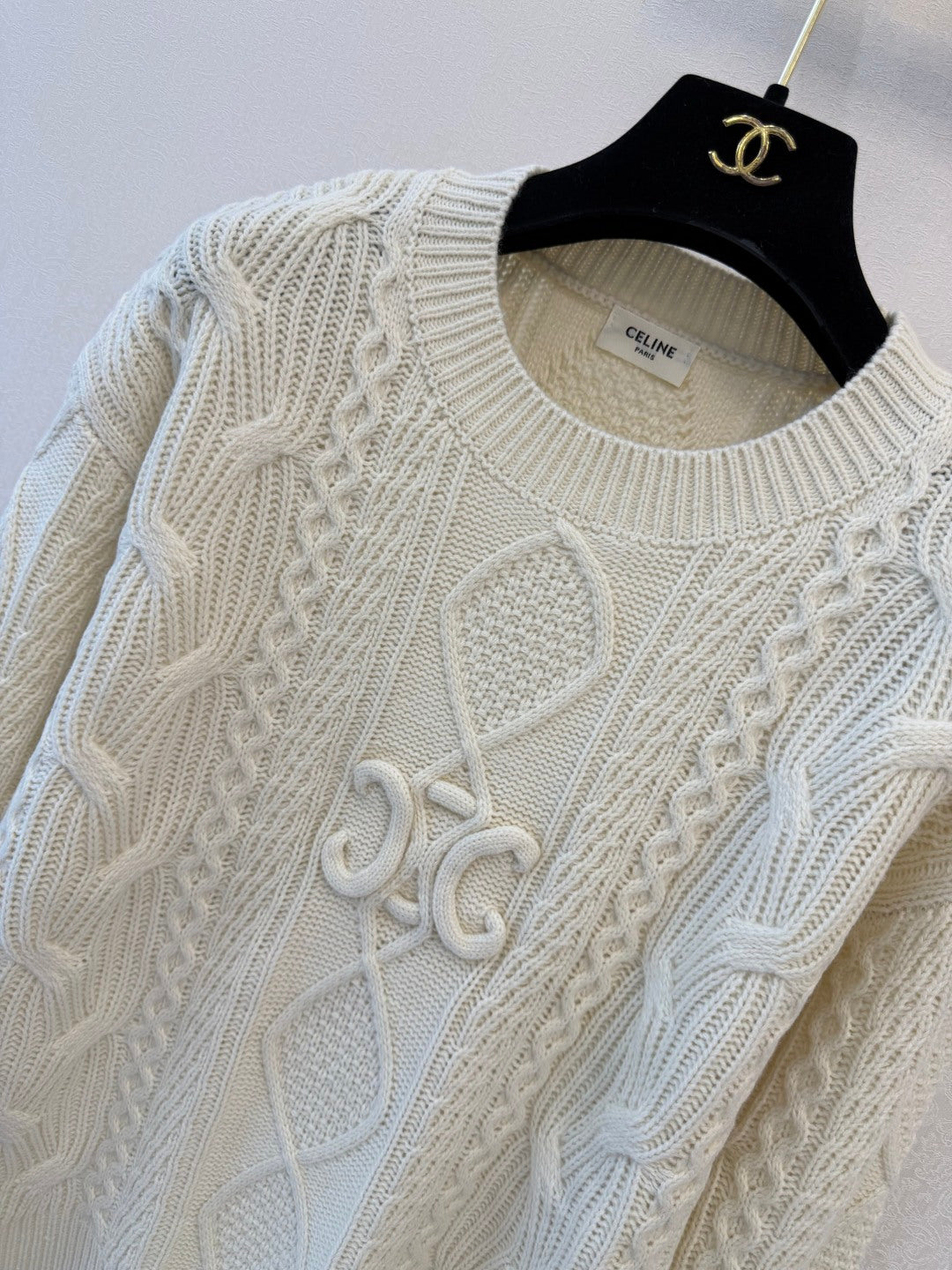 Celine 2026 Cable-knit Crewneck Sweater Creamy White Wool 433565