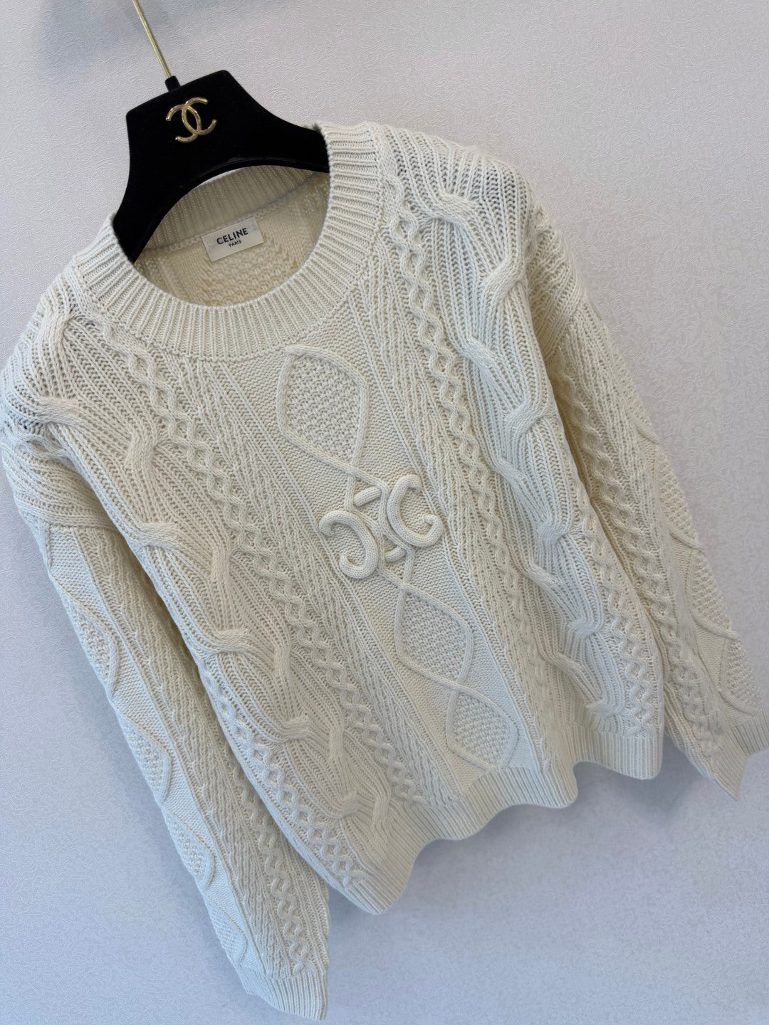 Celine 2026 Cable-knit Crewneck Sweater Creamy White Wool 433565