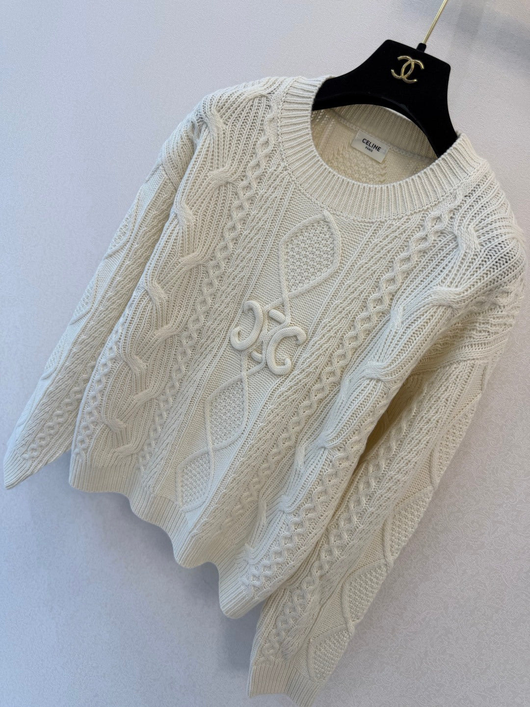 Celine 2026 Cable-knit Crewneck Sweater Creamy White Wool 433565