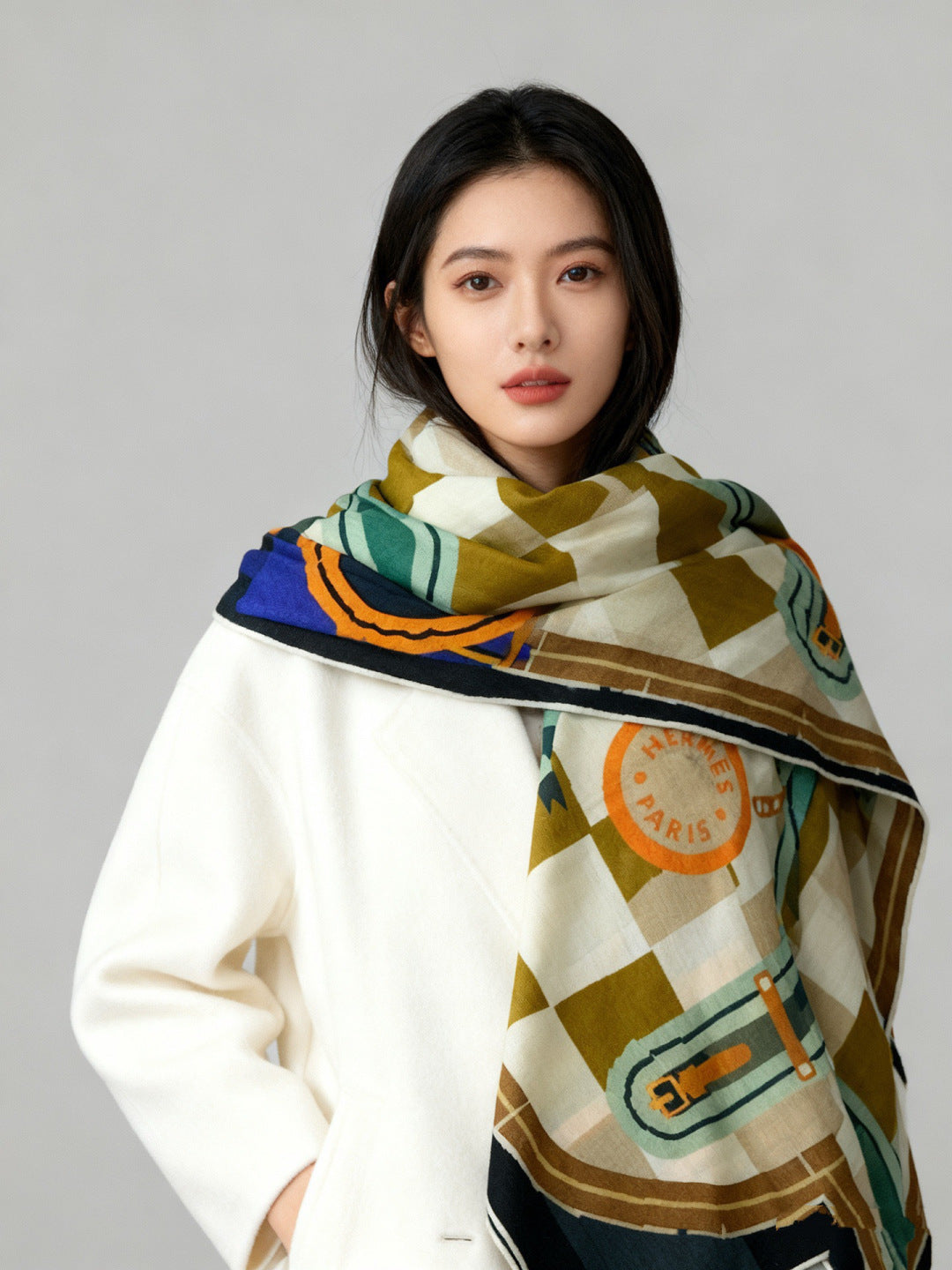 HM 25s Checkered Horse Scarf 140cm Green Blue Beige Cashmere Silk970933