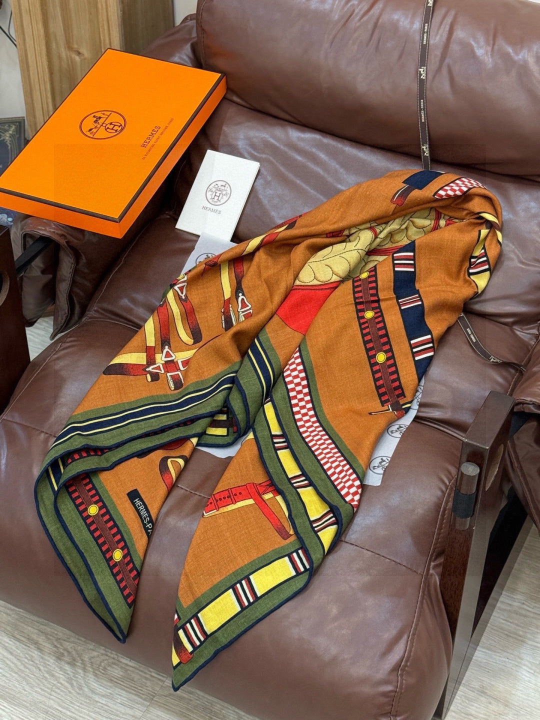 HM 25s Equestrianism Scarf 135cm Camel Brown Blue Cashmere Silk 970963