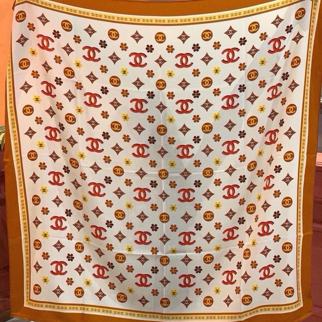 Chanel 2026 Floral Motifs Scarf 140cm Brown White Silk 213755